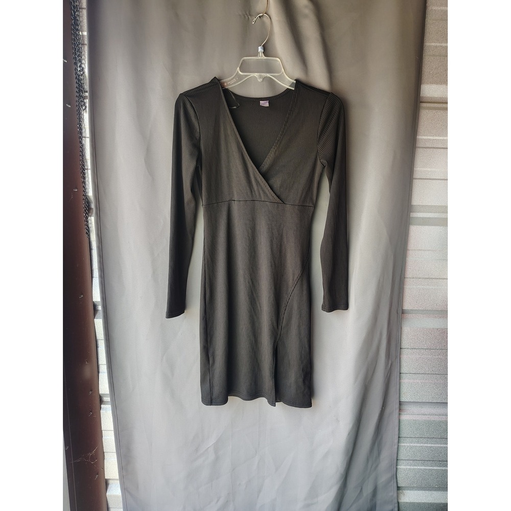H&M Ribbed Long Sleeve Surplice V-Neck Mini Dress‎ Dark Olive Grey Size 6